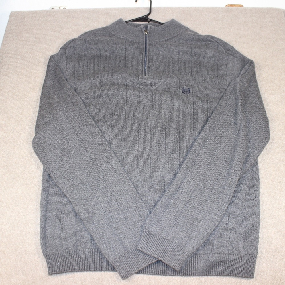 Chaps Mens Gray 100% Cotton Quarter Zip Mock Neck Ribbed Sweater Size Large